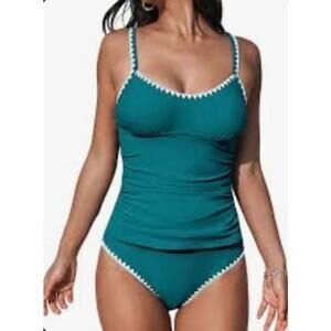 CUPSHE Teal Tankini Swimsuit Set Crochet Trim NWT Adjustable Straps Sz XS